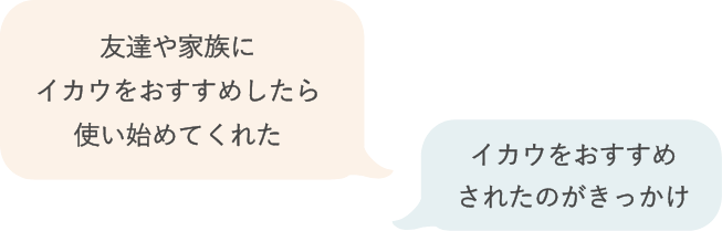 友達や家族にイカウをおすすめしたら使い始めてくれた。イカウをおすすめされたのがきっかけ